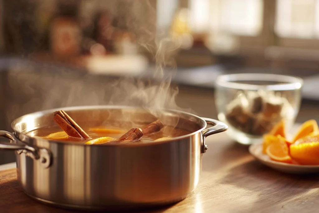 Simmering cinnamon and orange peel mixture for Orange Cinnamon Iced Tea