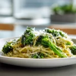 delicious broccoli pasta with parmesan in a modern kitchen