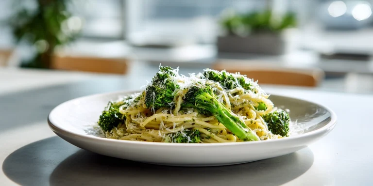 delicious broccoli pasta with parmesan in a modern kitchen