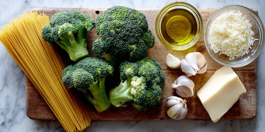 fresh broccoli, pasta, garlic, and parmesan ingredients for broccoli pasta