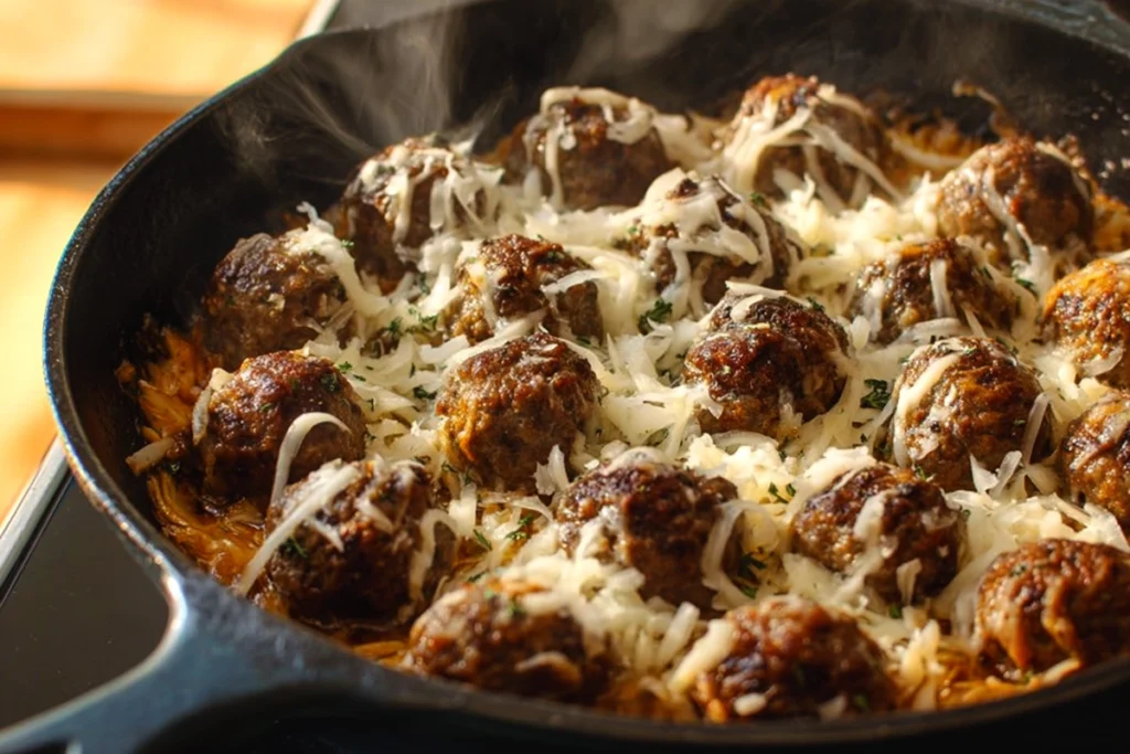 Cheesy French Onion Meatballs under the broiler with melting Gruyère cheese