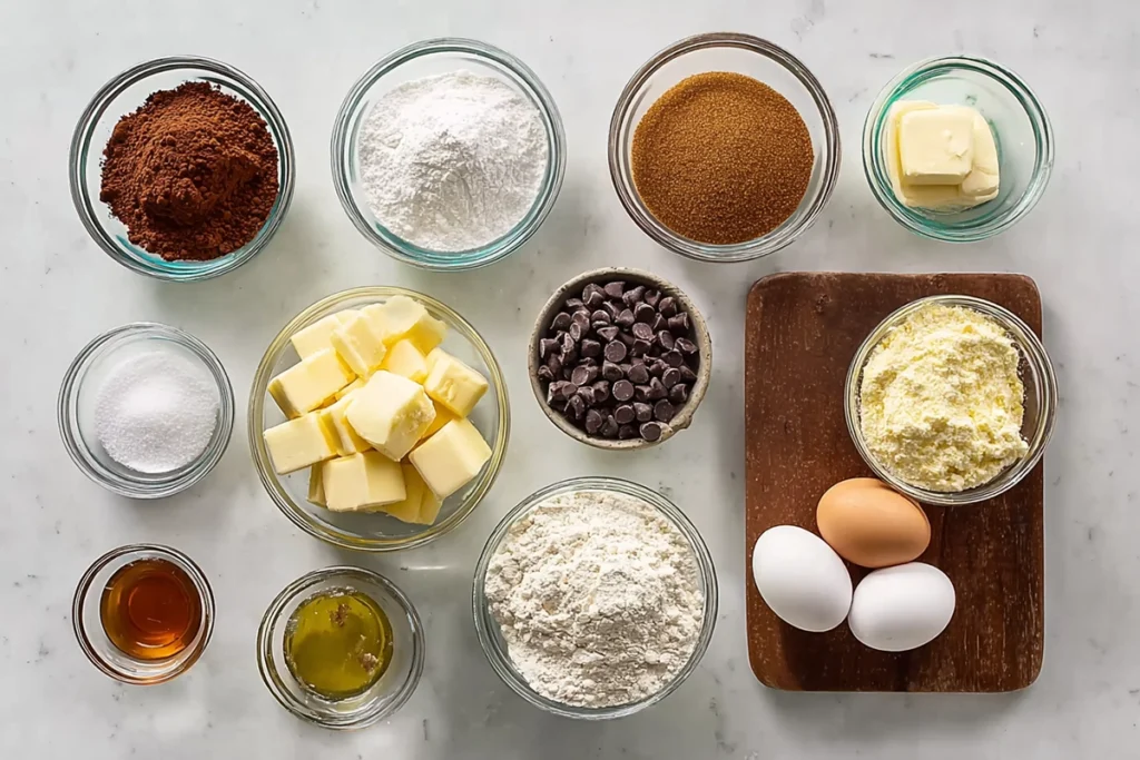 overhead flat lay of ingredients for fudgy chewy browkies brookies