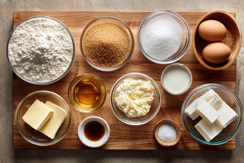 flat lay of brown sugar cookie ingredients arranged in glass bowls
