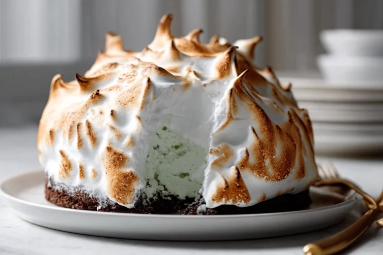 photorealistic brownie baked alaska dessert on plate in modern kitchen