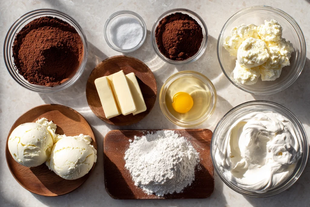overhead ingredients for brownie baked alaska arranged in bowls on countertop