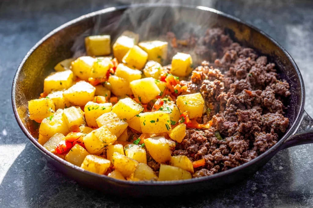 Ground beef and diced potatoes browning in a skillet for Mexican Ground Beef and Potato Skillet recipe