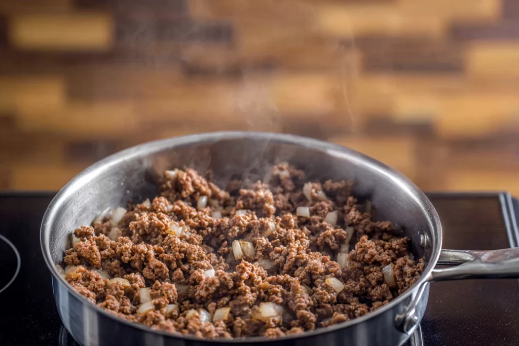 ground beef browning for cheesy hamburger potato soup in stainless pot