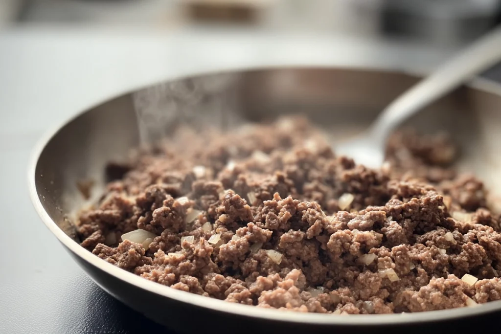 Ground beef and onions browning in a skillet for Cheesy Ground Beef and Potatoes recipe