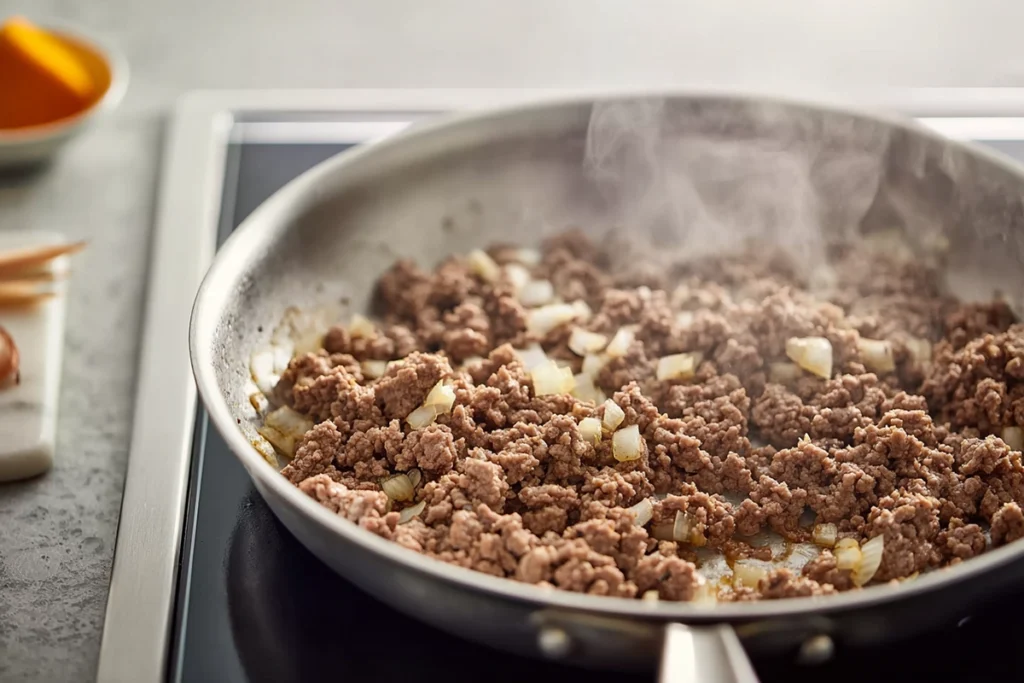 close-up of ground beef browning with onions for tater tot casserole