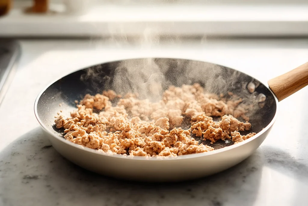 Ground turkey browning in a skillet for Ground Turkey and Zucchini Skillet