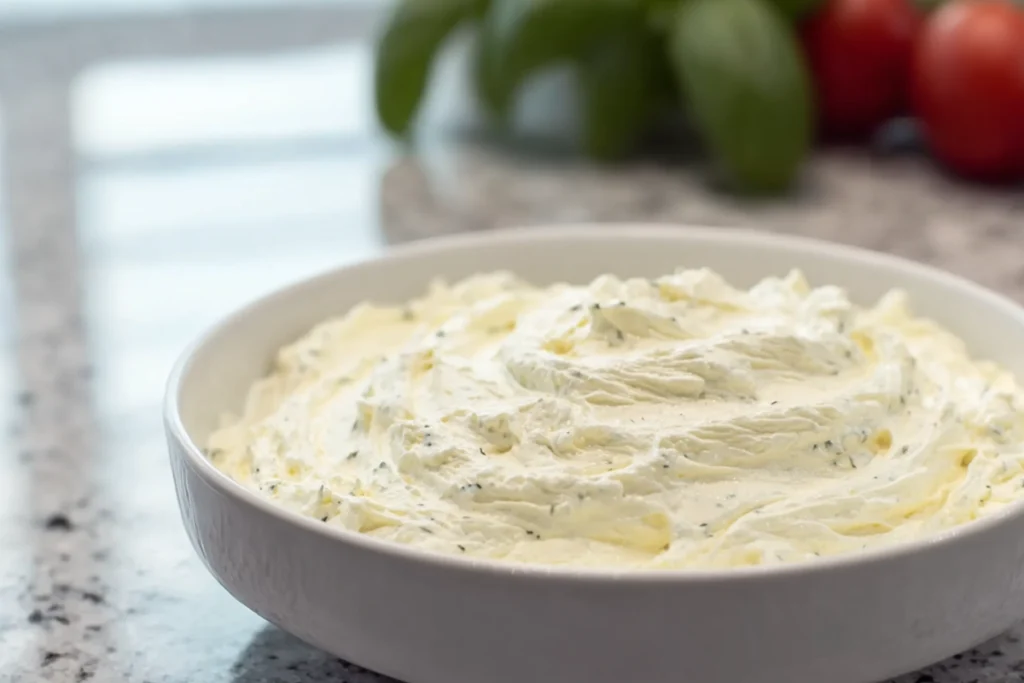 creamy cheese base for Bruschetta Dip being prepared