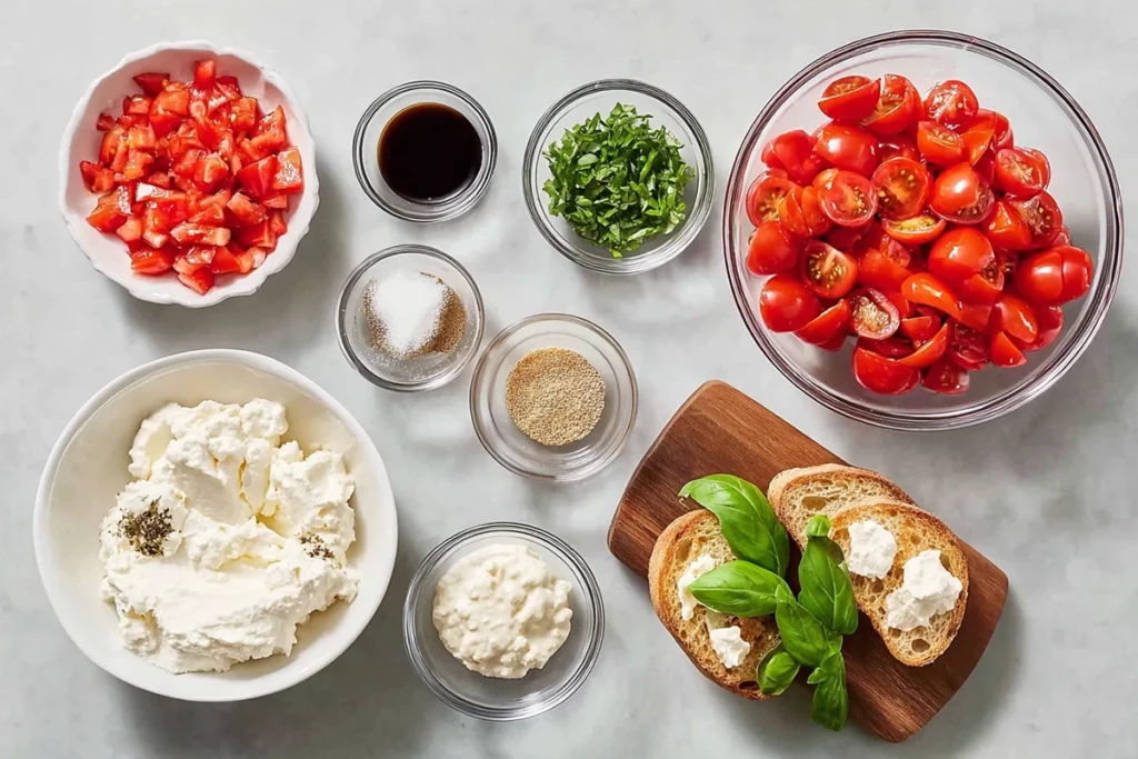 overhead ingredients layout for Bruschetta Dip in glass bowls