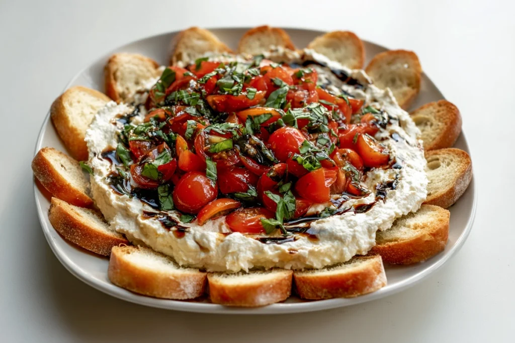 Bruschetta Dip served with crostini in modern kitchen