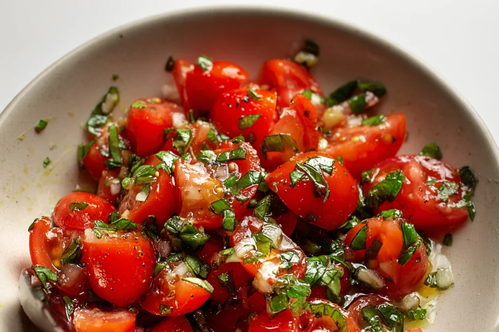 macro close-up of tomato basil topping for Bruschetta Dip