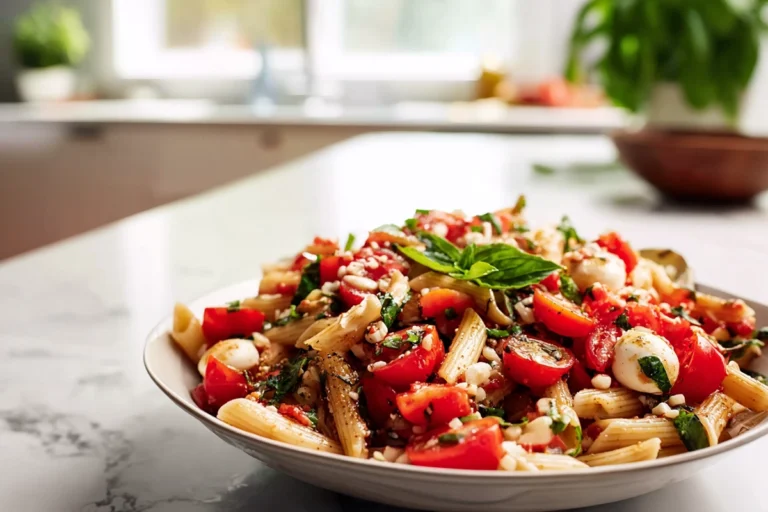 Fresh Bruschetta Pasta Salad served in a modern kitchen