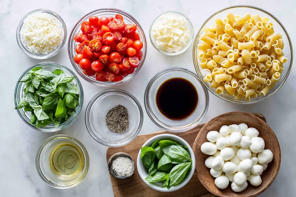 Overhead photo of Bruschetta Pasta Salad ingredients arranged neatly