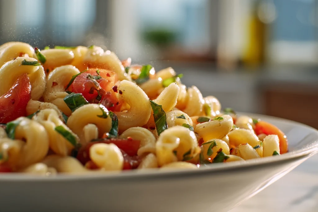 Pasta tossed with tomato basil dressing for Bruschetta Pasta Salad