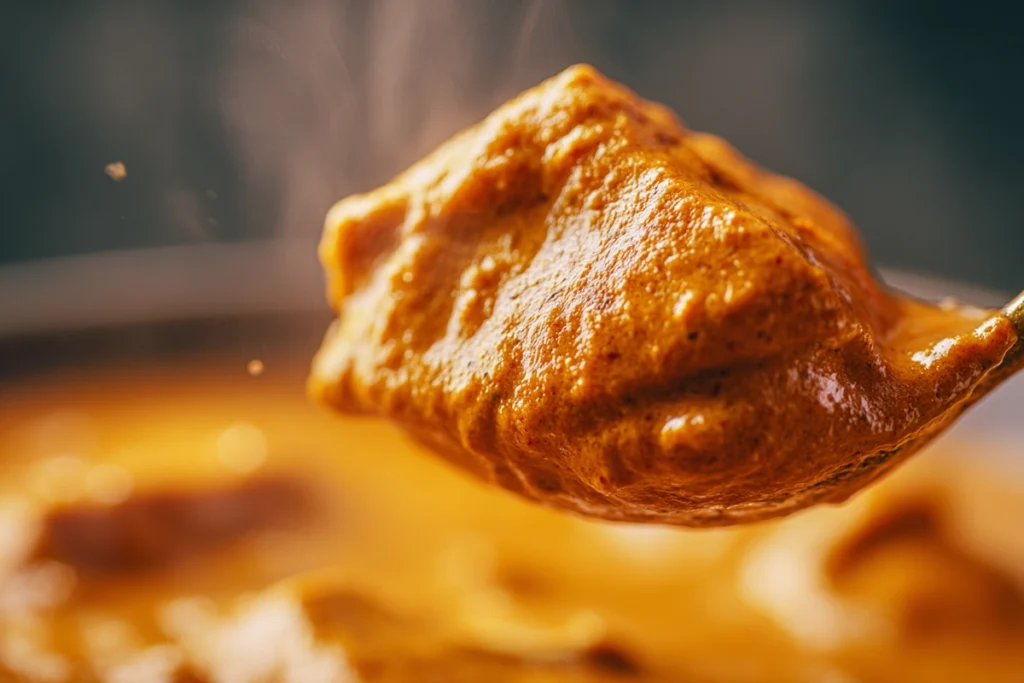 Close-up of Butter Chicken sauce texture and spice details under natural light