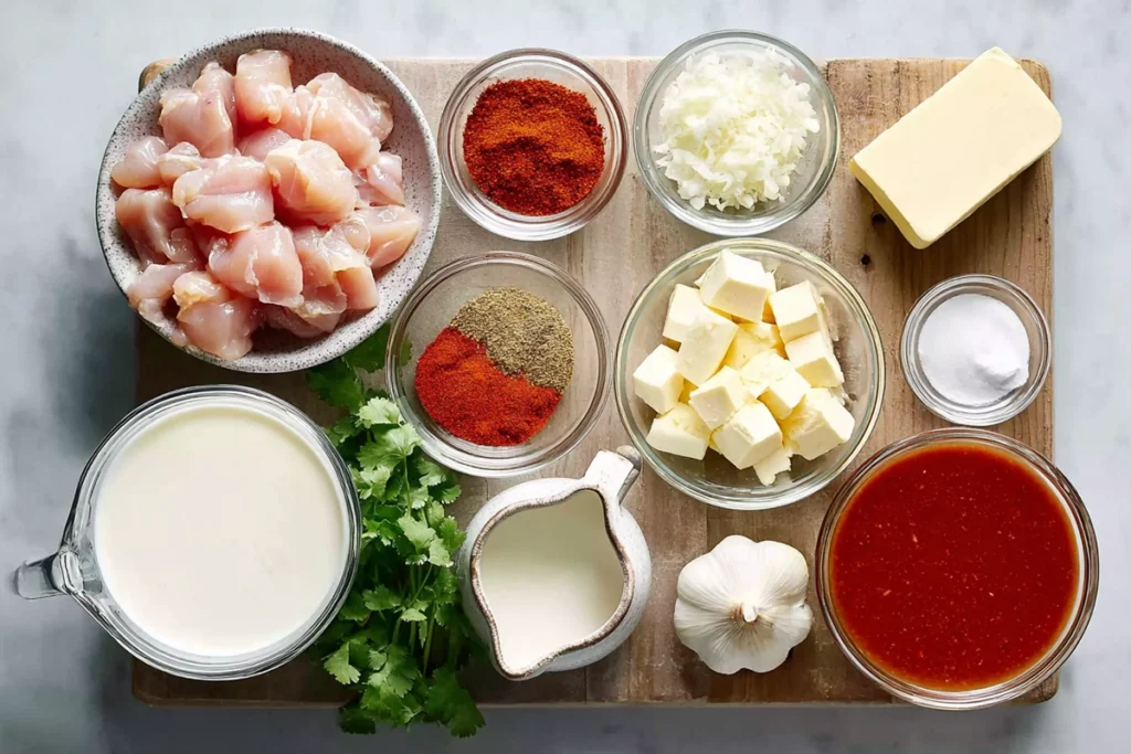 Overhead view of Butter Chicken ingredients in bowls on a wooden board