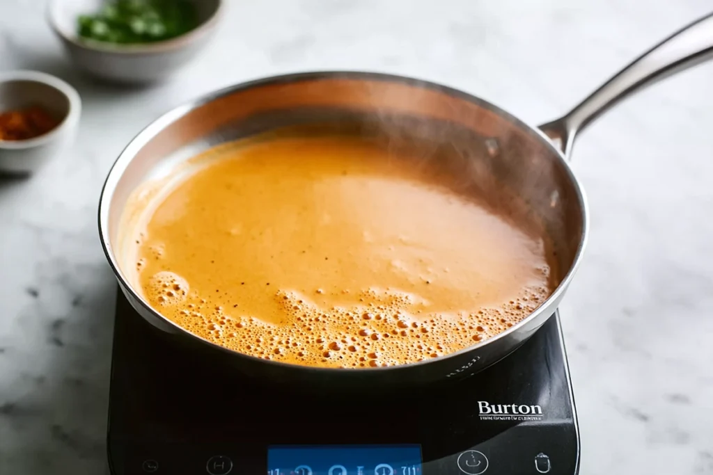 Butter Chicken sauce simmering in skillet with steam and visible spices
