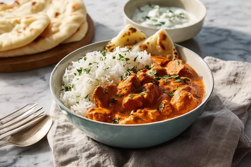 Butter Chicken served with basmati rice and naan bread in natural daylight