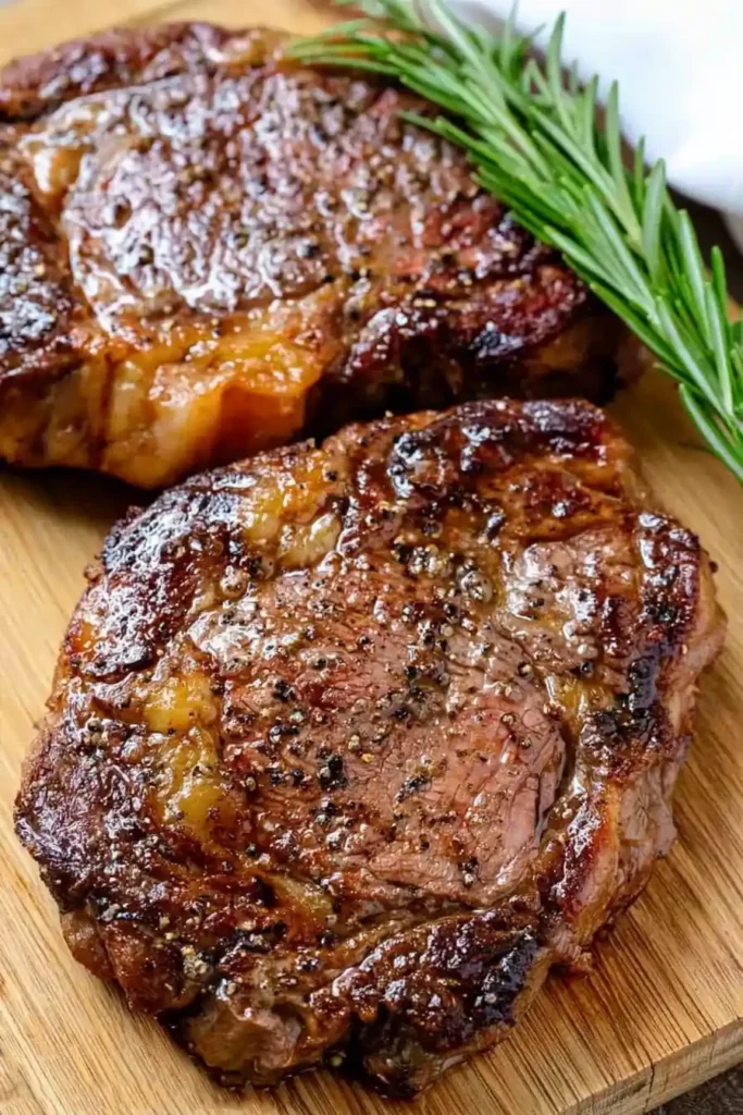 Grilled rib eye steaks resting with melted butter before serving