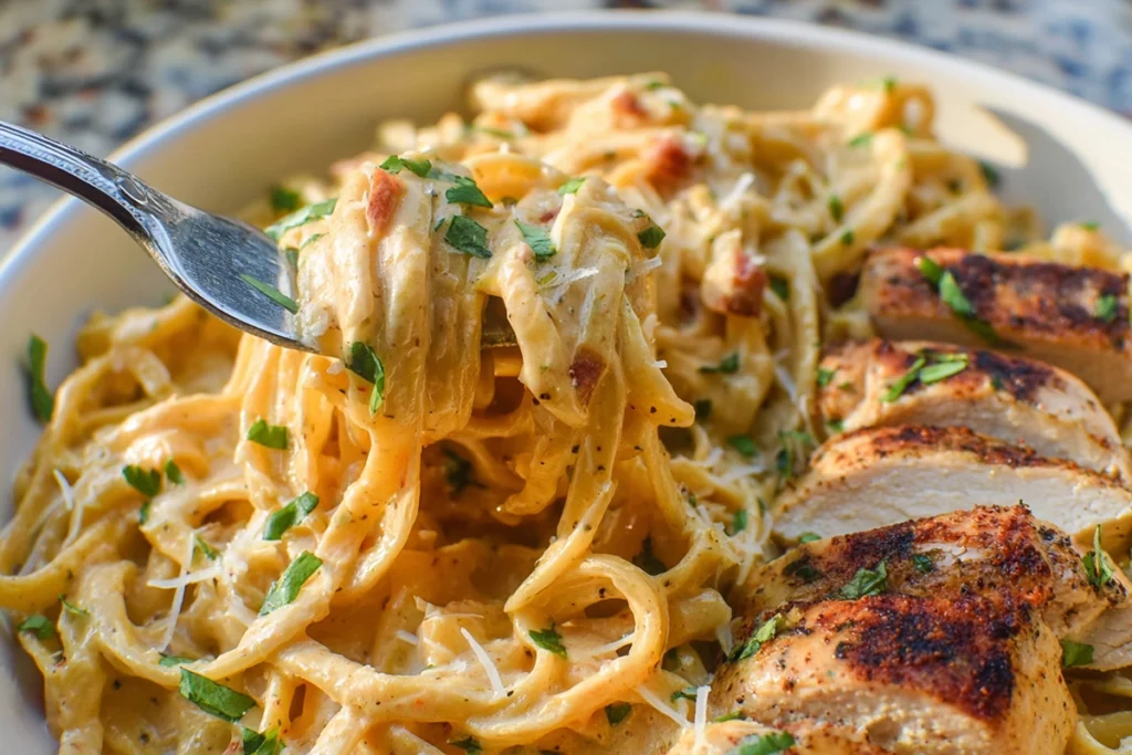 macro close-up of creamy cajun chicken pasta on fork