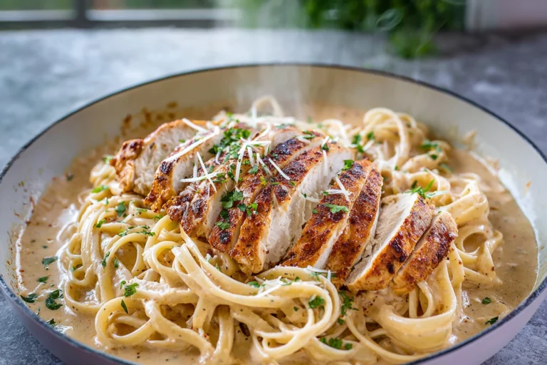 creamy cajun chicken pasta plated on modern kitchen counter