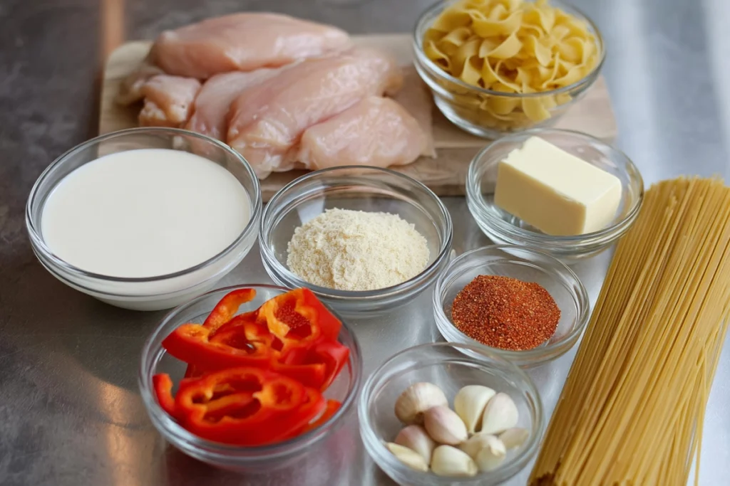 overhead ingredients layout for cajun chicken pasta