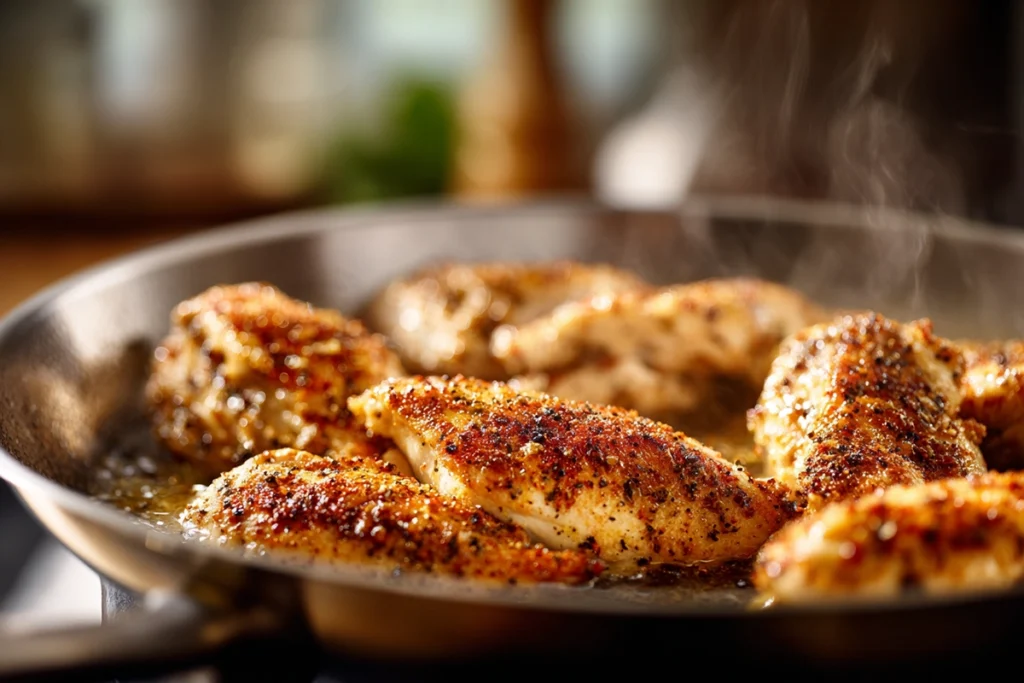 close-up of cajun seasoned chicken searing in skillet
