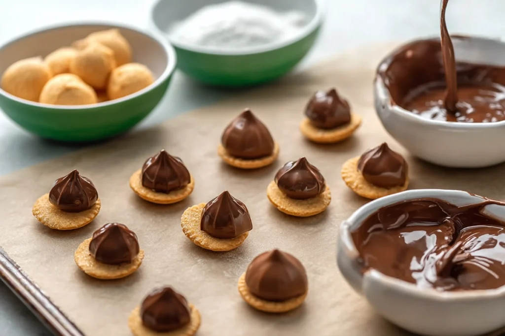 close-up shot of candy acorns being assembled with chocolate and wafers