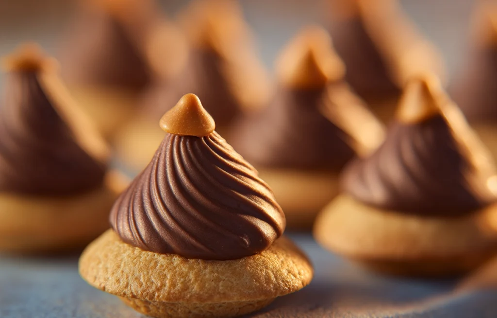 macro photo of adding butterscotch chip stems to candy acorns