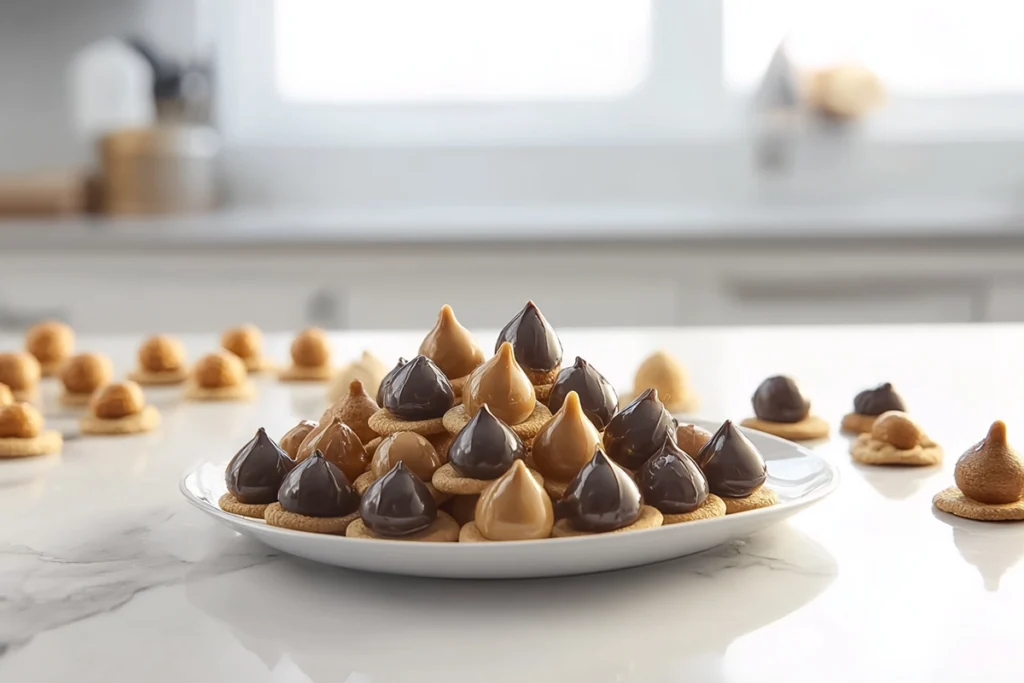 photorealistic candy acorns arranged on a minimalist fall dessert board