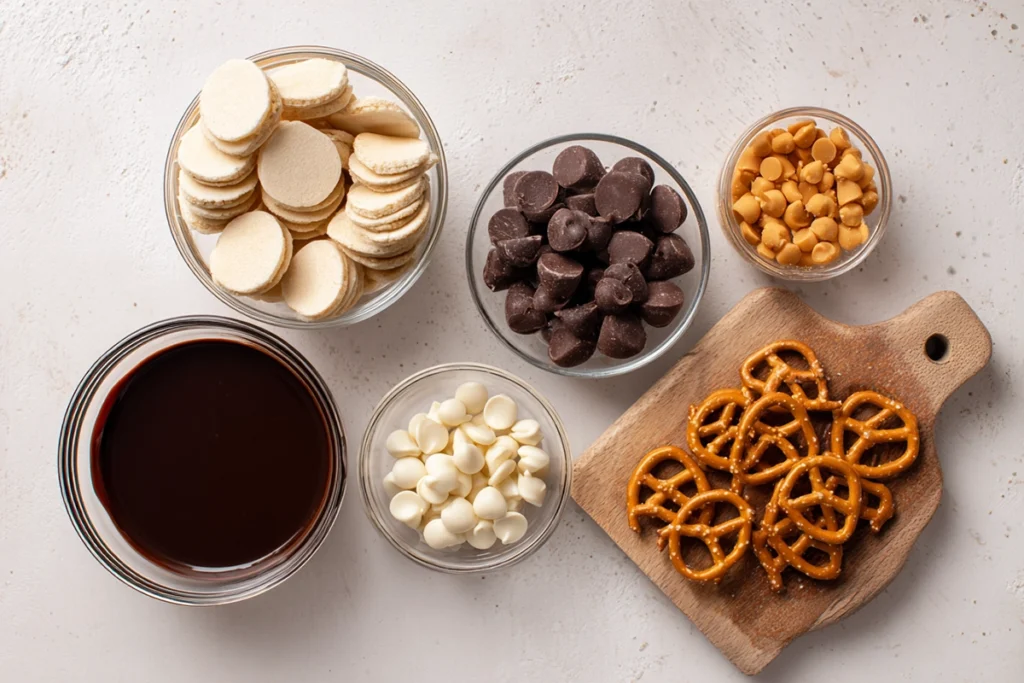 overhead image of candy acorns ingredients arranged in bowls on a white counter