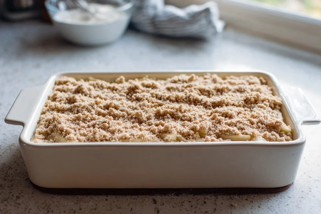 Cheesecake bars before baking with apple and streusel layers in a metal pan