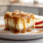 Close-up of caramel apple cheesecake bars with caramel drizzle on a white plate