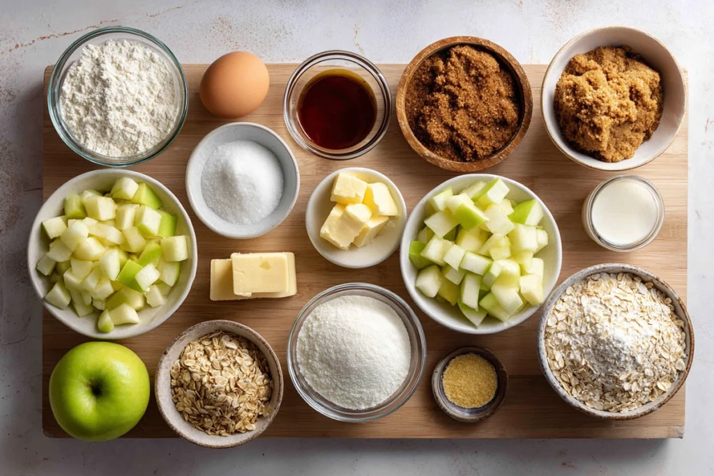 Overhead shot of caramel apple cheesecake bar ingredients on wooden board
