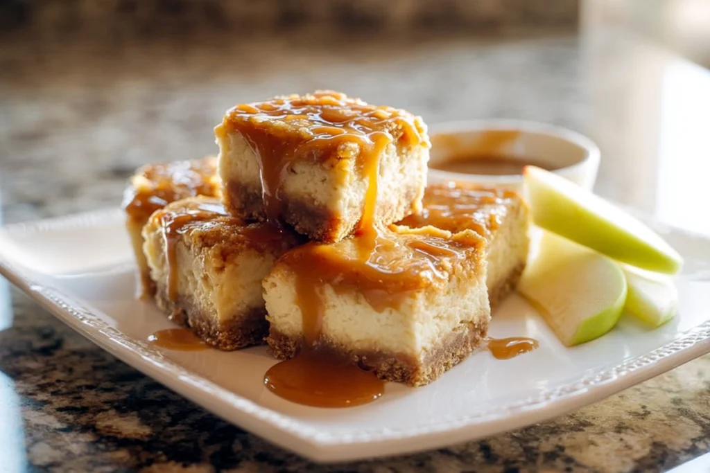 Plated caramel apple cheesecake bars with caramel sauce and apple slices
