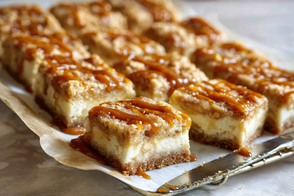 Sliced caramel apple cheesecake bars cooling on parchment paper with caramel drizzle