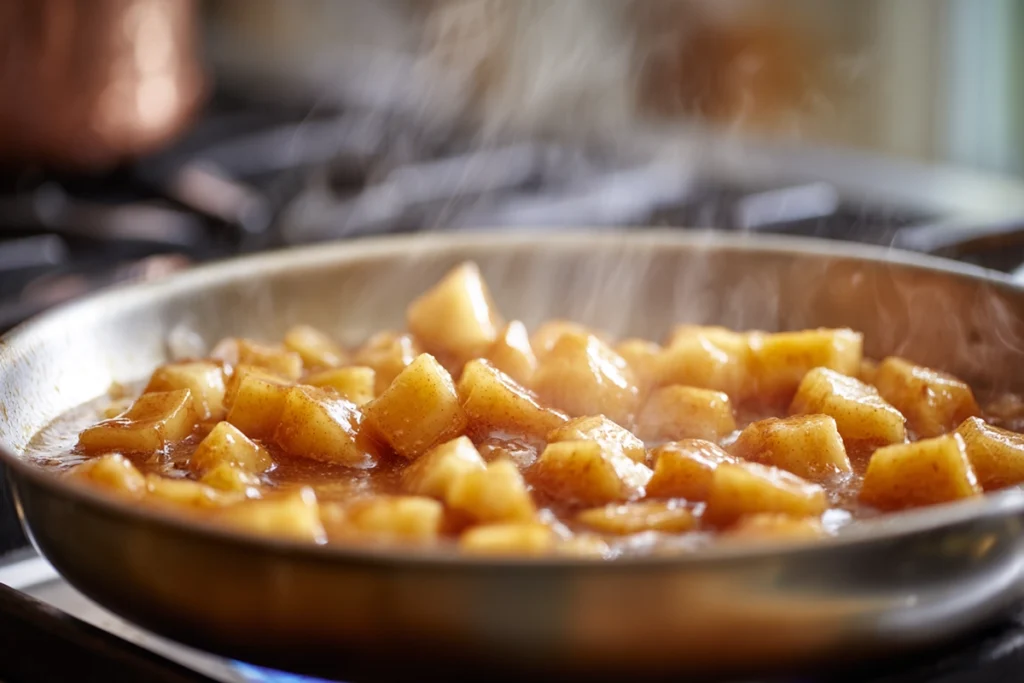 caramelized apples cooking for caramel apple dessert cups in skillet