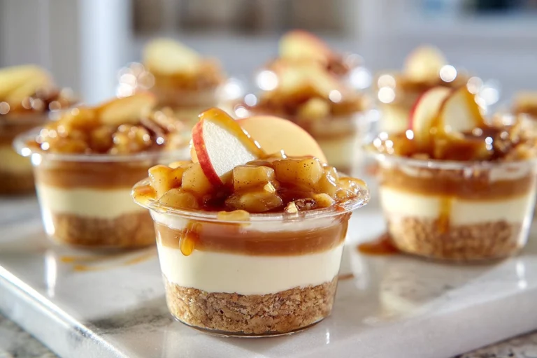 caramel apple dessert cups layered with caramel apples and cream in a modern kitchen