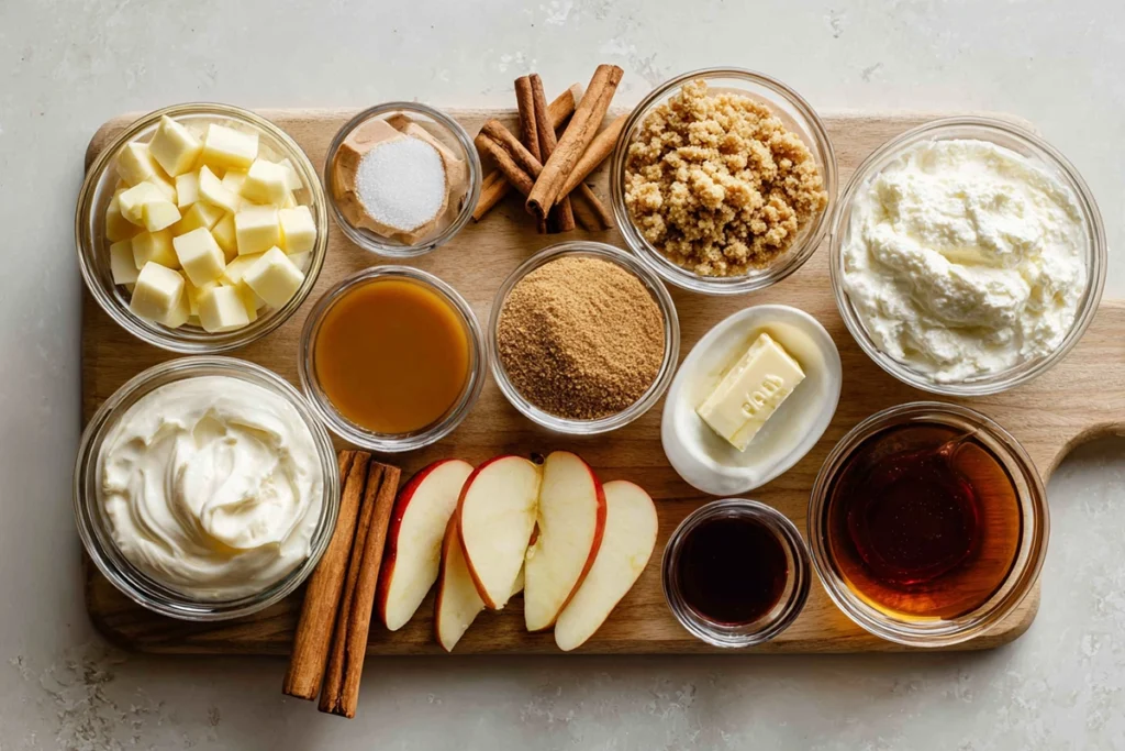 overhead shot of caramel apple dessert cups ingredients on wooden board