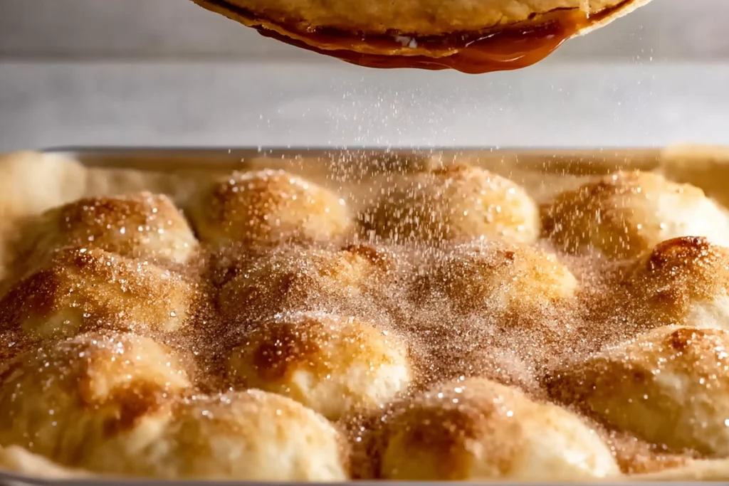 close-up of caramel apple pie bomb being coated in cinnamon sugar
