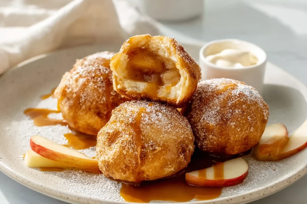 caramel apple pie bombs served with caramel drizzle and ice cream on modern plate
