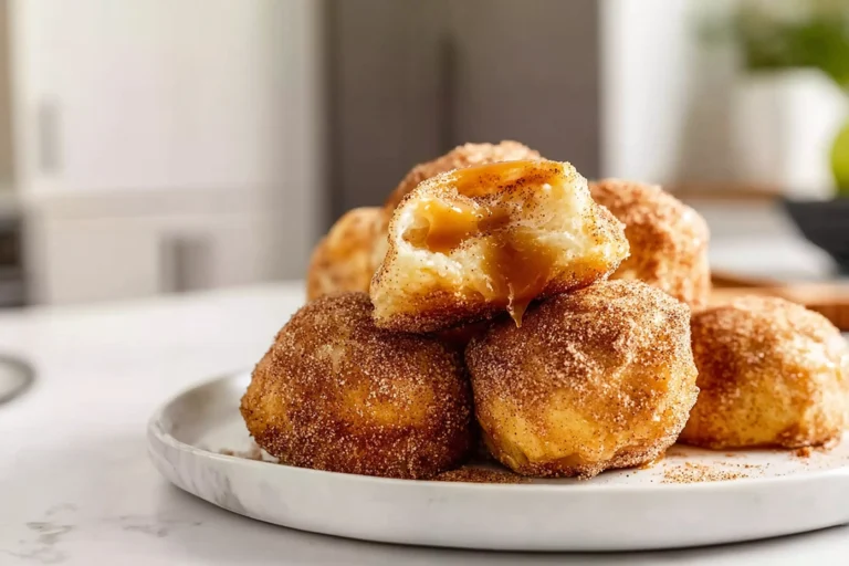 freshly baked caramel apple pie bombs on white plate with gooey caramel center