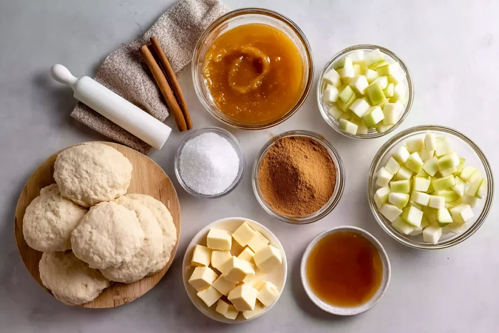 overhead photo of caramel apple pie bombs ingredients on wooden board and glass bowls