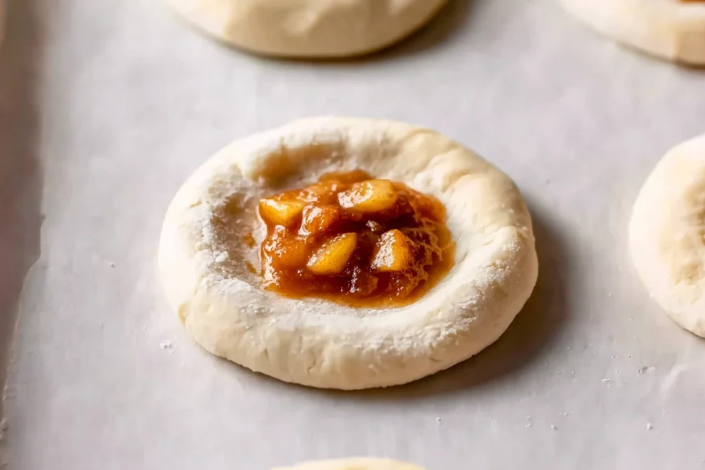 close-up of caramel apple pie bombs being filled and sealed with apple caramel mixture