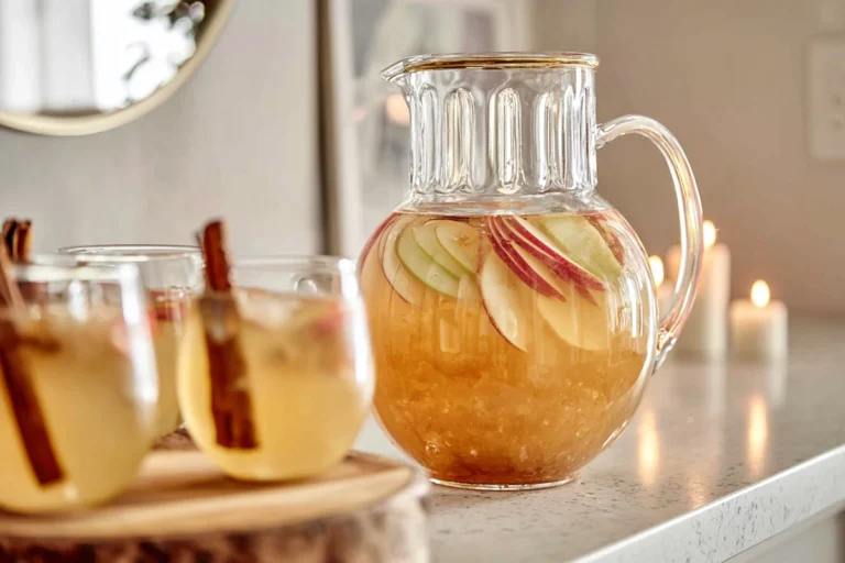Caramel Apple Punch served in glass pitcher on modern kitchen counter