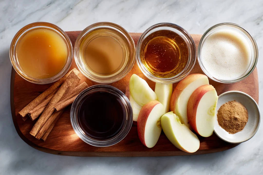 Overhead flat lay of Caramel Apple Punch ingredients in glass bowls