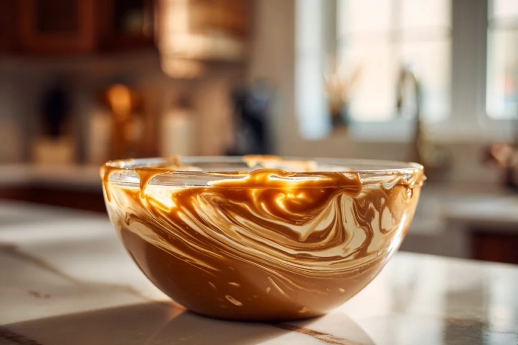 Caramel being mixed into apple cider for Caramel Apple Punch